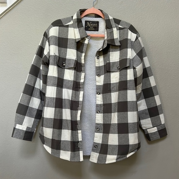 Natural Reflections Gray White Plaid Flannel Shacket Shirt Jacket Sherpa Lined S - Picture 1 of 9